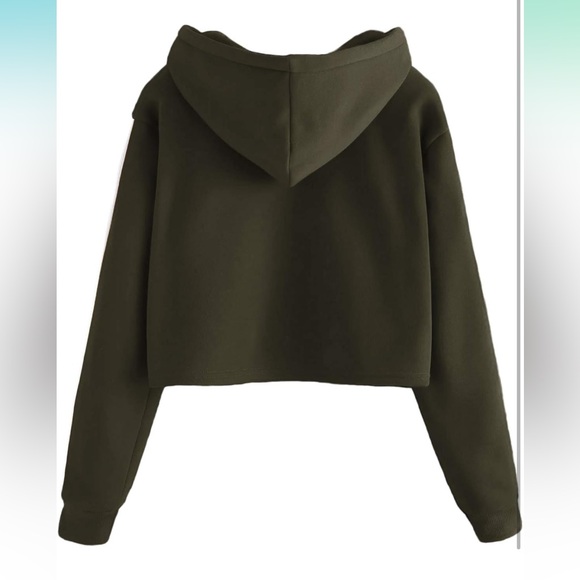 Dark Olive‎ Cropped Hoodie with Striped Sleeves - Picture 2 of 5